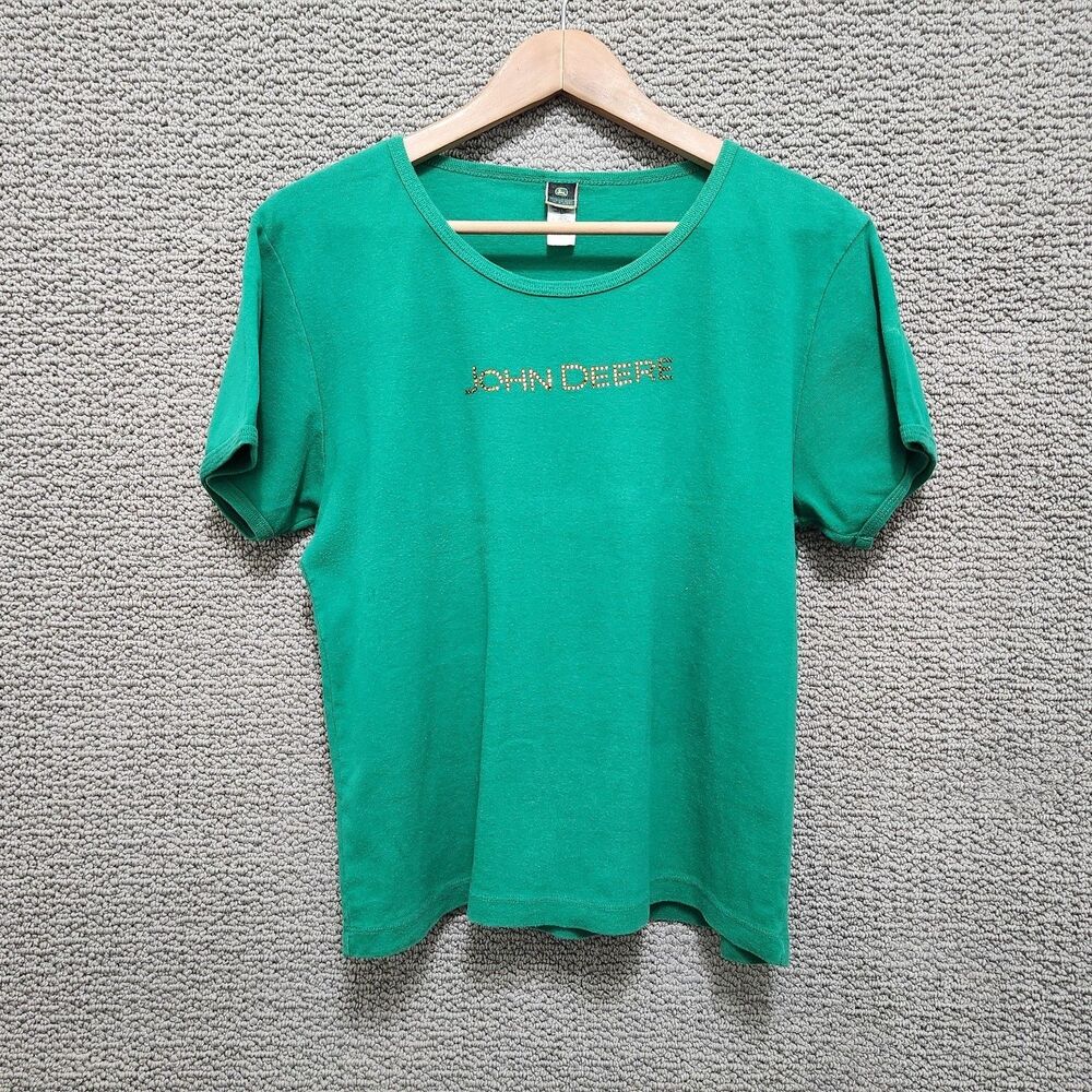 JOHN DEERE Women's Green Rhinestone Logo Short Sleeve T-Shirt Size XL
